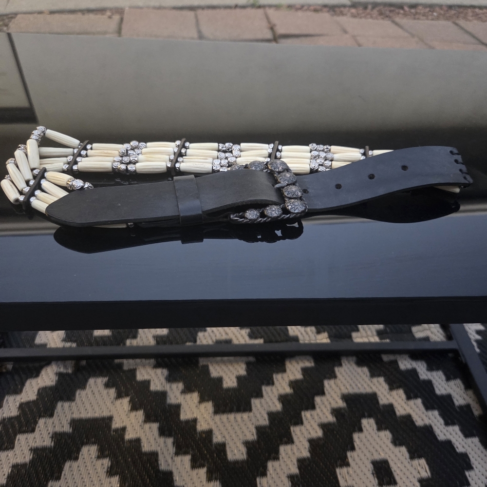 Black Leather Belt with Cream Beaded Straps and Rhinestone Buckle